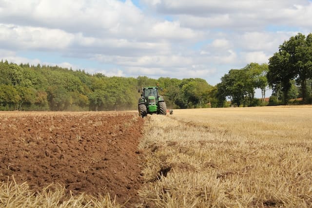 Featured image for "Best Oil for Diesel Tractors" blog post. Tractor in a field.