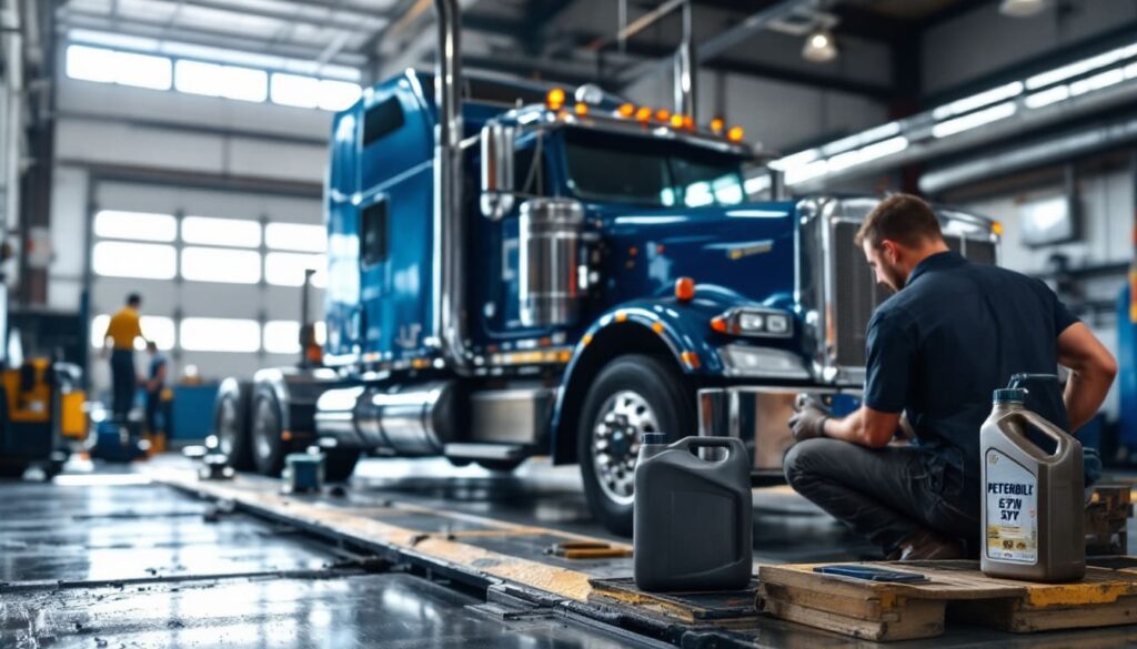 Mechanic working on a Peterbilt truck.