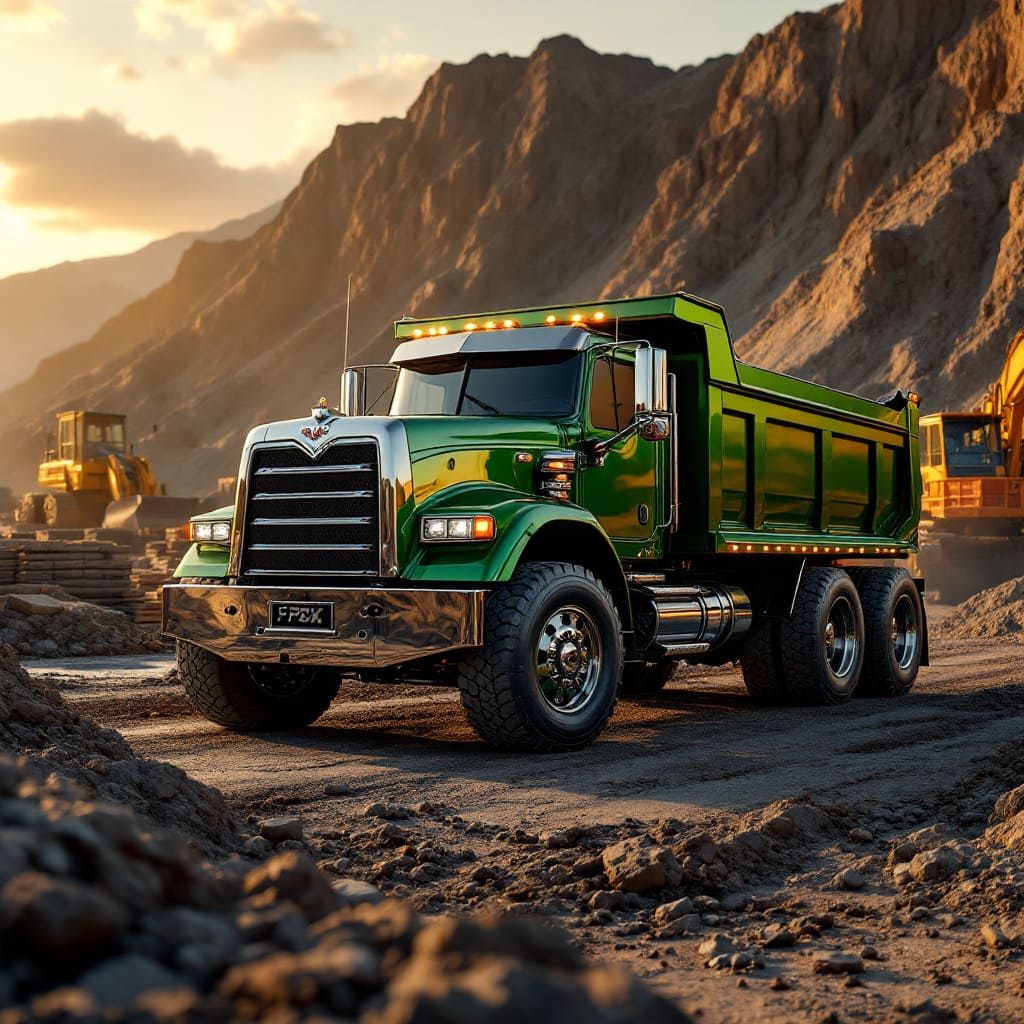 Green Mack Dump Truck Construction Site