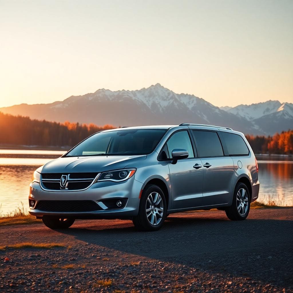 Silver Dodge Grand Caravan Autumn Lake Sunset