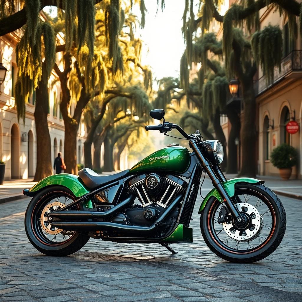 Gleaming green vtwin motorcycle