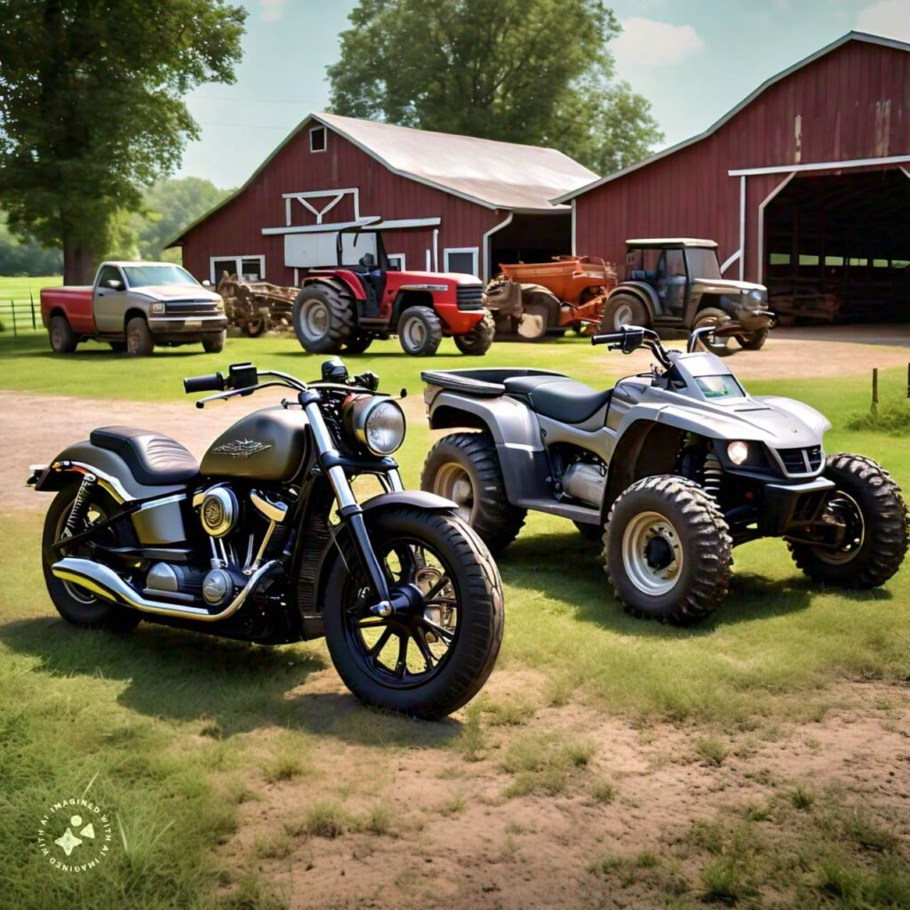 Featured image for "Conquering Extreme Conditions Synthetic Oil's Advantages for Motorcycles, ATVs, and UTVs" blog post. ATV and motorcycle on a farm.