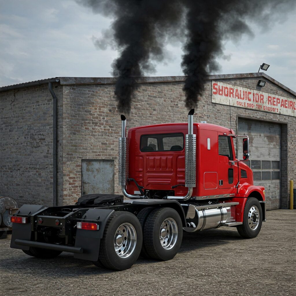 Red diesel truck black smoke