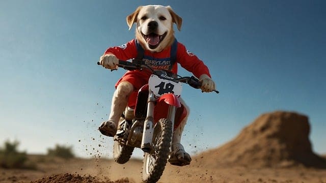 Featured image for "Dirt Bike Performance: Exploring Different Types of Dirt Bike Tires" blog post. Dog on bike.