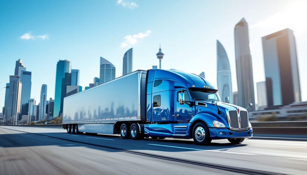 Paccar Blue Semi Truck in a City on a Highway