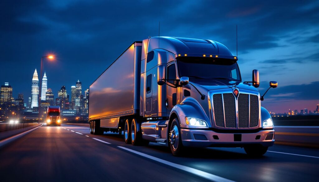 Paccar Silver Semi Truck at Night on a Highway