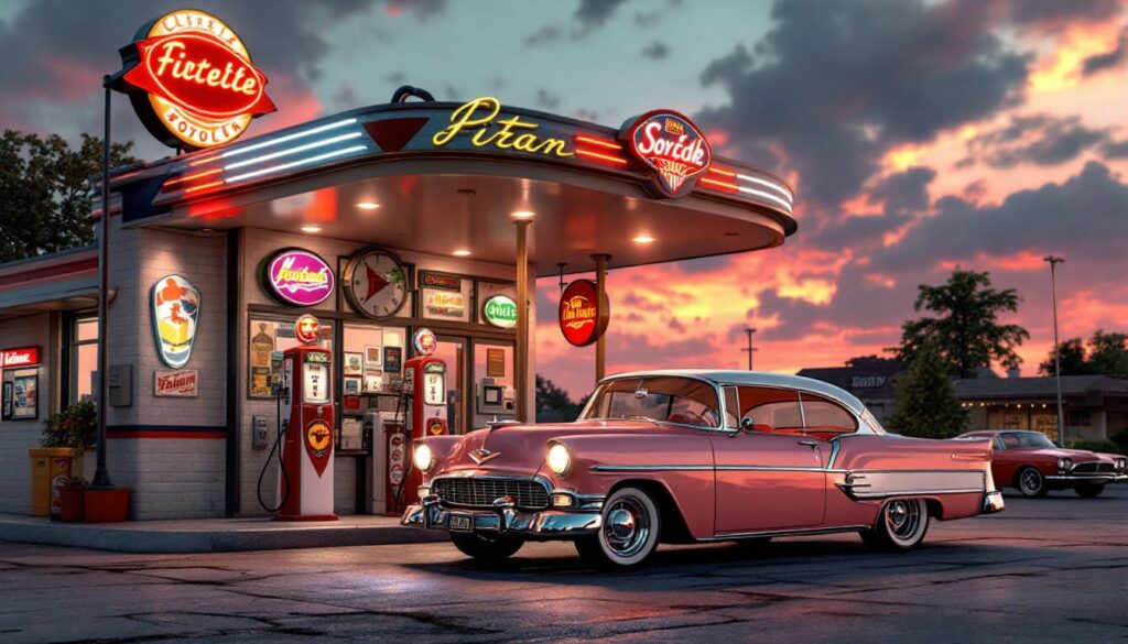 Classic Car Retro Gas Station